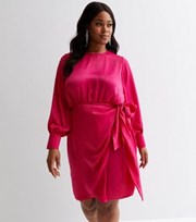 New Look Curves Bright Pink Satin Crew Neck Long Sleeve Tie Waist Mini Dress